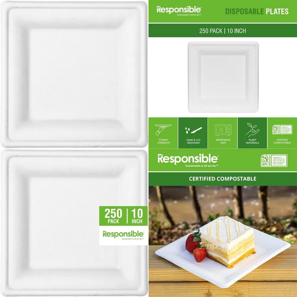 

Компостируемые квадратные тарелки из литого волокна, 10 дюймов, дополнительная прочность, без PFAS, без дерева, экологически чистые варианты посуды