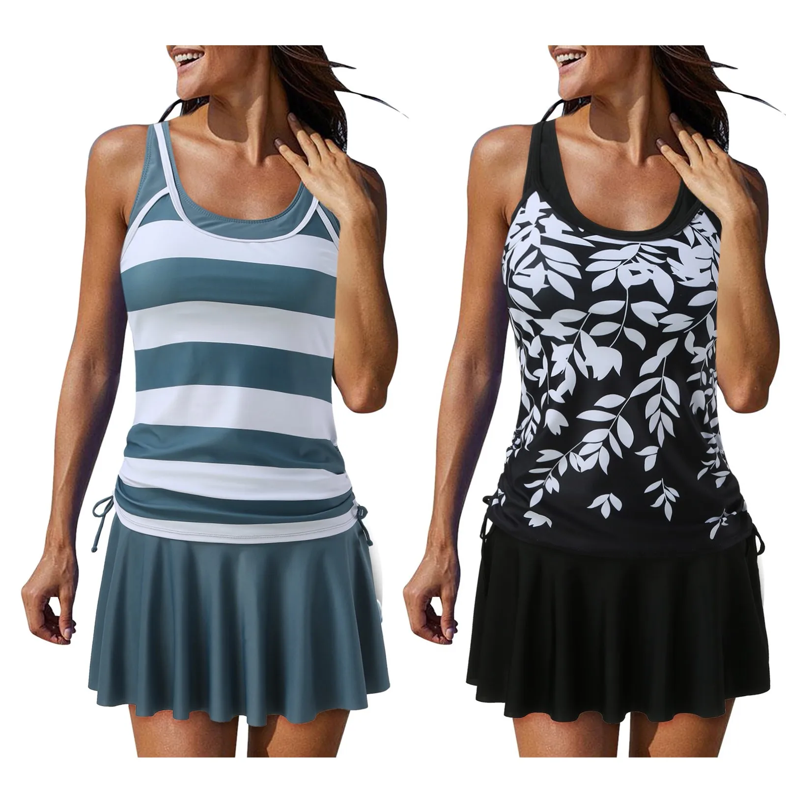 Women'S Swimsuit Ruched Drawstring Bathing Suit Beach Swim Dresses Tie Side Skirt Cut Out Swimsuit Women'S Bikinis And Tankinis