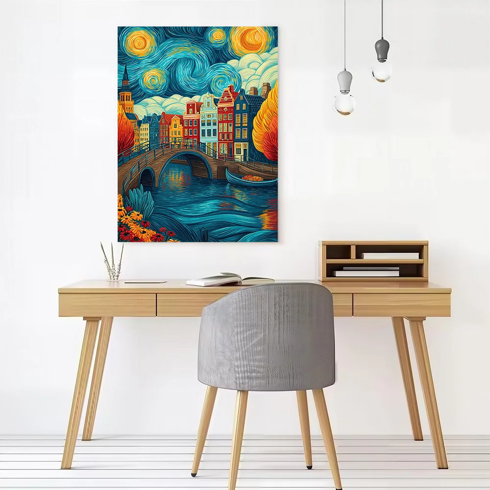 Amsterdam Canal Van Gogh Style Canvas Poster Wall Art Customizable High Quality Printed Picture for Room Ornaments Decor Luxury