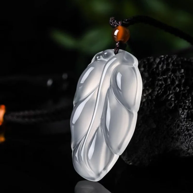 Natural Icy Genuine Goods White Chalcedony Leaf Pendant Men's and Women's High Ice Descendants of the Rich Agate Pendant