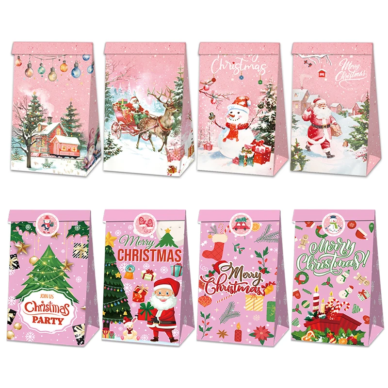 

12pcs Merry Christmas Candy Bag Retro Pink Santa Claus Snowman Elk Cookie Bag Christmas Party Favor Bag Navidad New Year Decorat