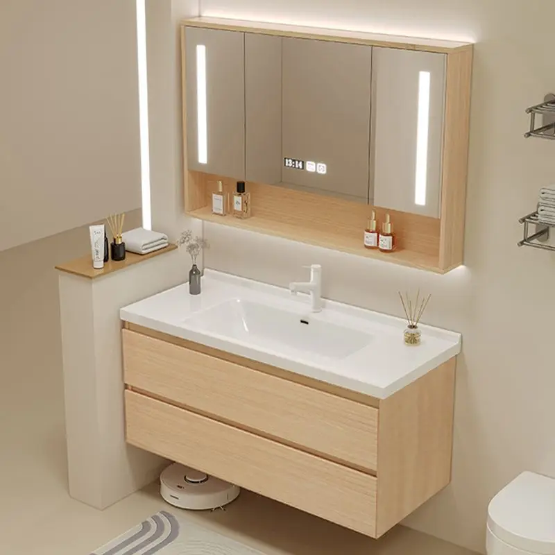 Log color bathroom cabinet washbasin cabinet combination sink ceramic integrated washbasin