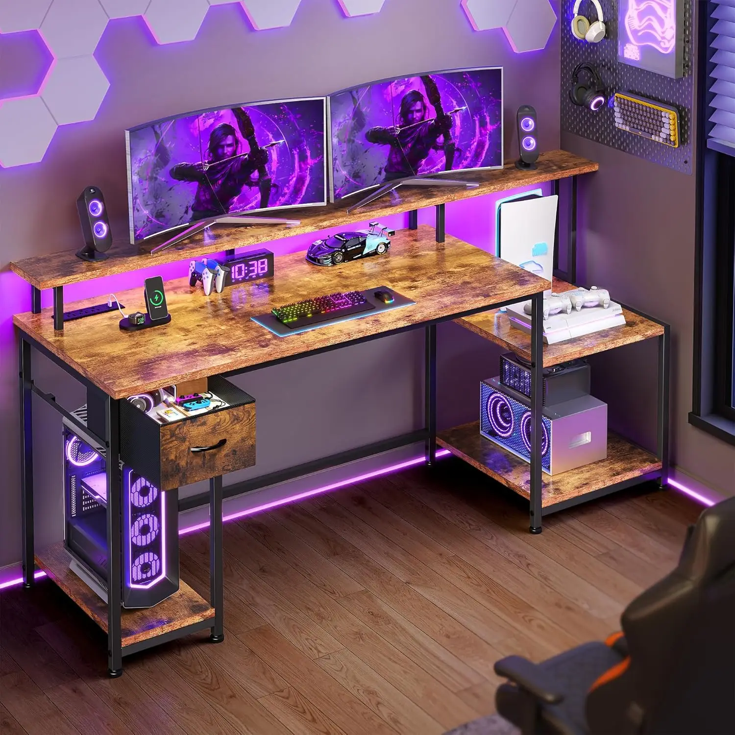 

Компьютерный стол 55 дюймов с выдвижным ящиком, офисный стол с полками для принтера и файловым шкафом, игровой стол с LED-подсветкой, на заказ