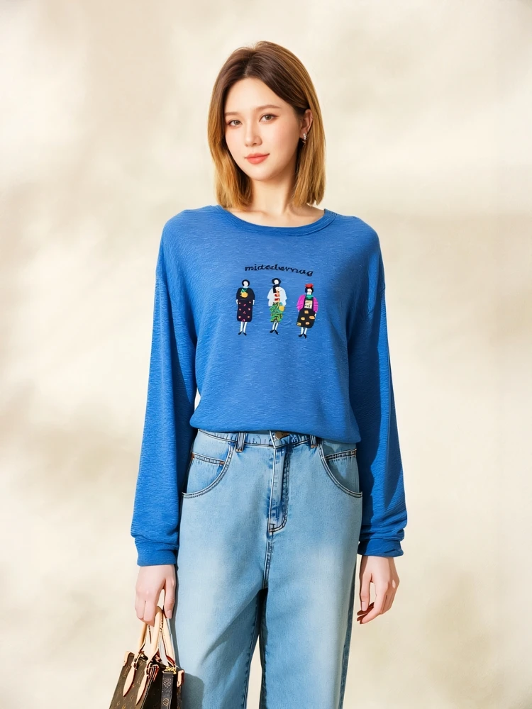 

Женская футболка больших размеров с длинным рукавом, вышивкой и цветочным узором, из льняной ткани, повседневная, свободного кроя, удобная, дышащая, коллекция 9 апреля