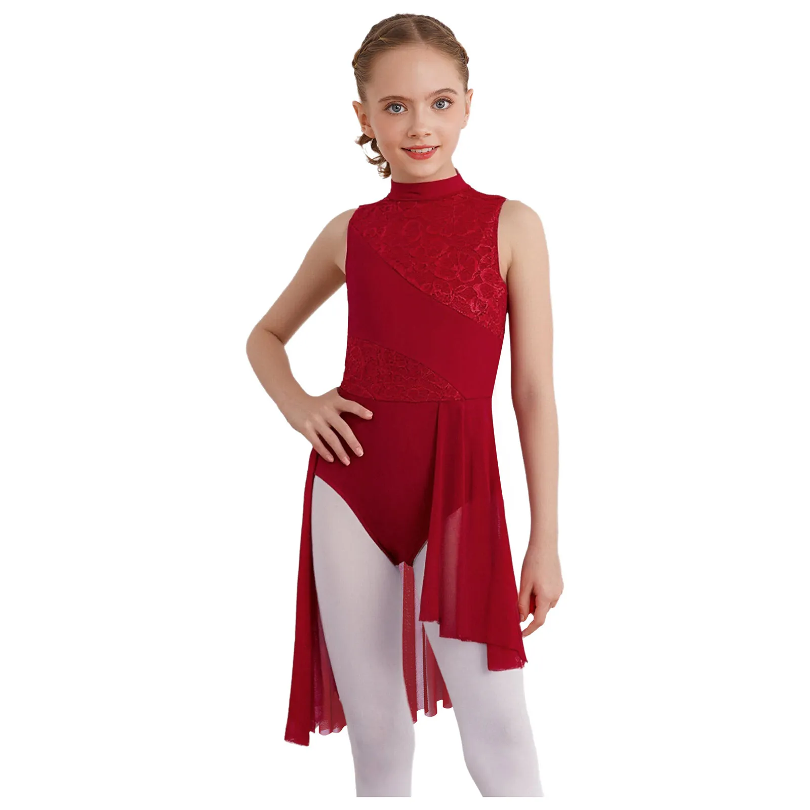 Kids Girls Lyrical Modern Dance Dress Performance Sleeveless Mesh Split Leotard Ballet Gymnastics Figure Skating Dress Costumes
