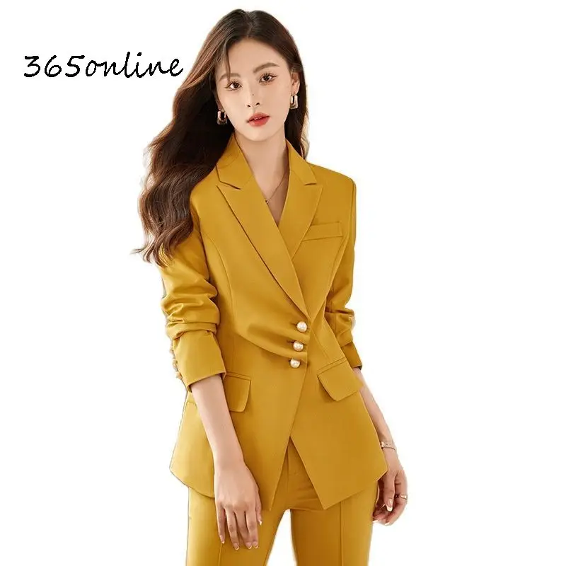 

Elegant Yellow Formal Women Business Suits with Pants and Jackets Coat Office Ladies Work Wear OL Styles Pantsuits Trousers Set