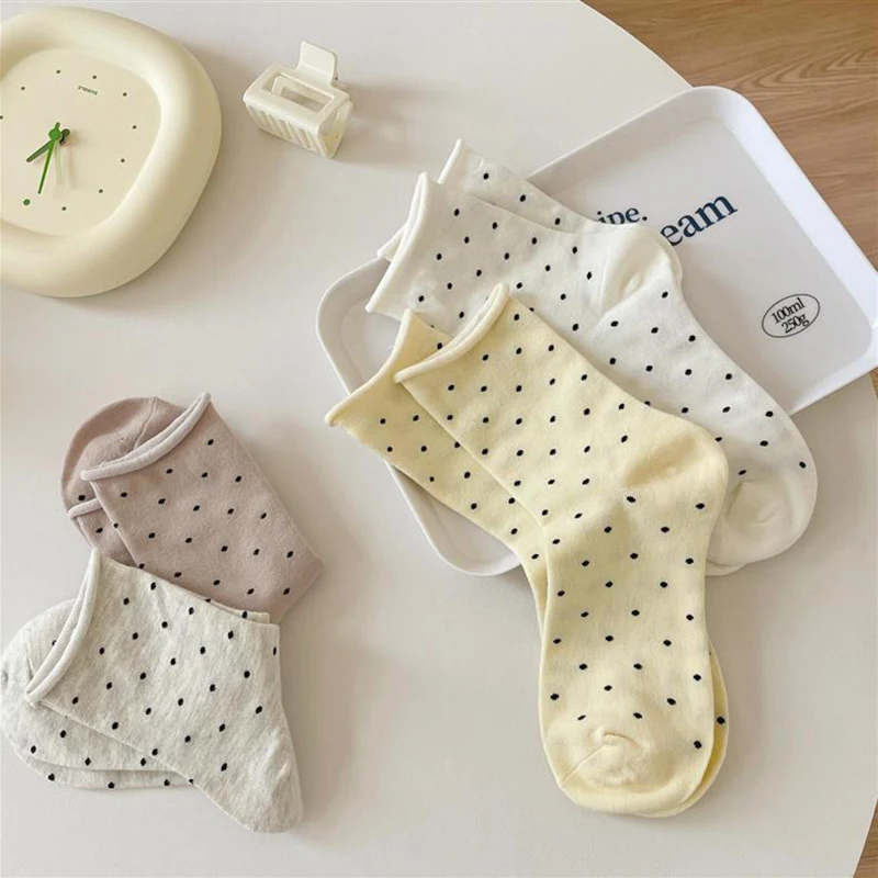 5/10 Paar Damen-Socken mit gerolltem Rand, gepunktet, mittlere Röhre, Frühling und Sommer, schweißabsorbierend, atmungsaktiv, süß, einfacher Stil, lässige Socken – Detail 11