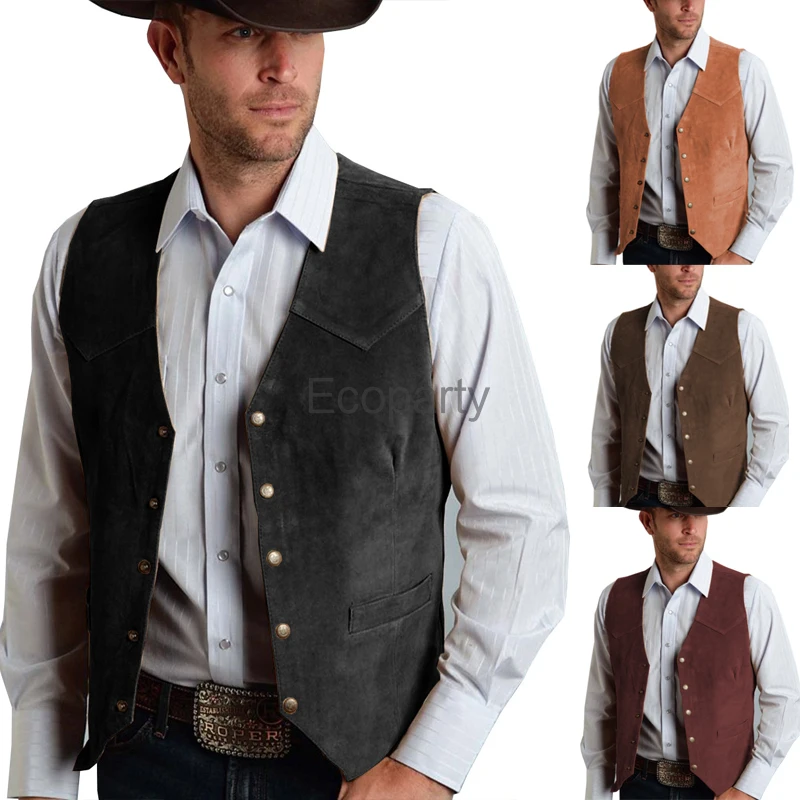 

New Men's Vintage Suede Vest Solid Color V-Neck Single Breasted Western Cowboy Cosplay Costume Male Casual Sleeveless Waistcoat