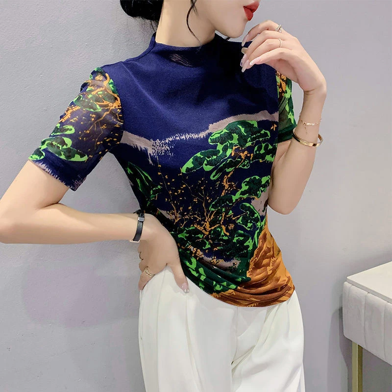 Summer Fashion O Neck Fashion Printing Pullover Top Women Short Sleeve Slim Casual Vintage T-shirt Ladies Harajuku Y2K Mesh Tee