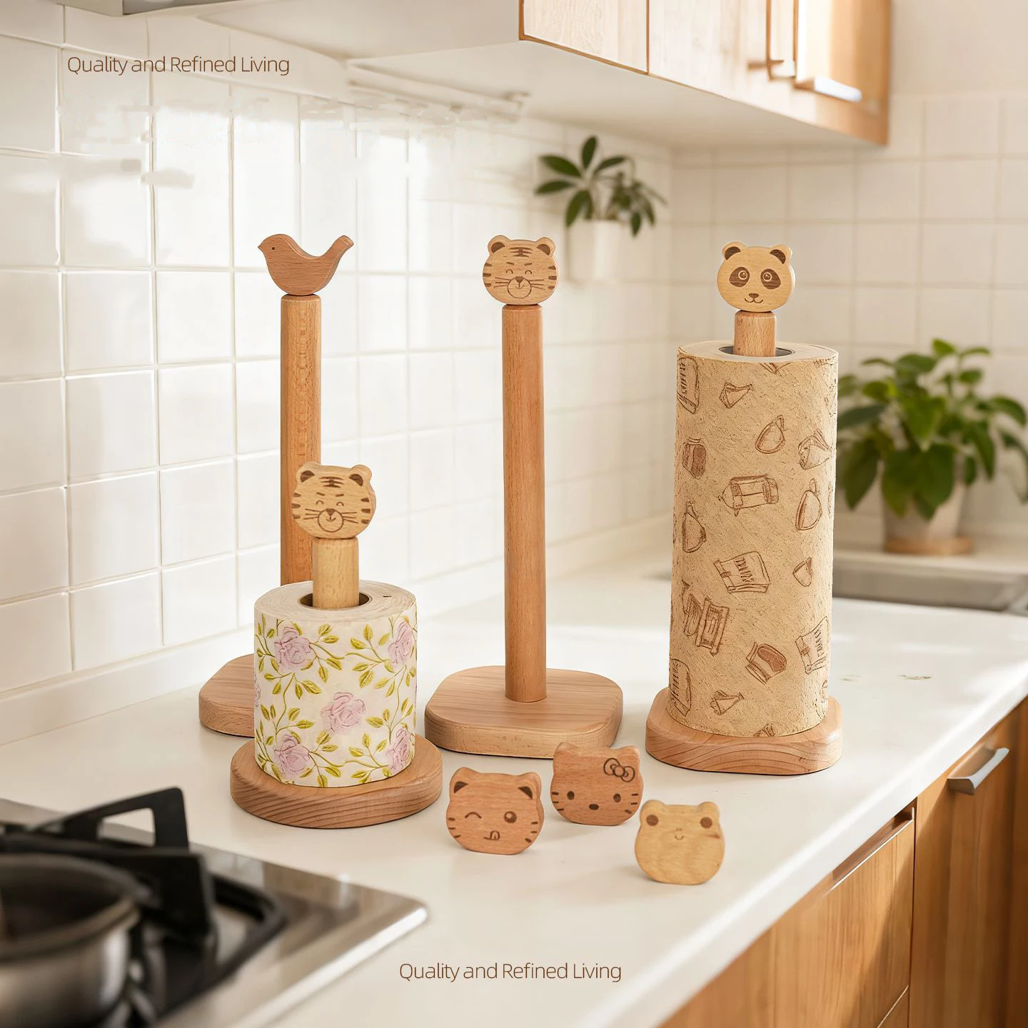 حامل مناشف ورقية خشبي بسيط، رف تخزين ورق المطبخ، حامل خرقة كسول كرتوني، ديكور سطح طاولة المطبخ #4