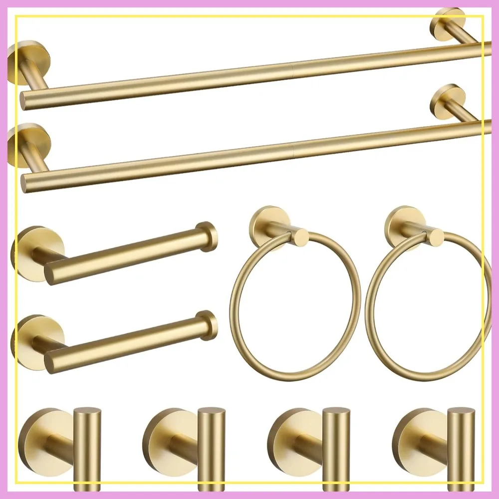 

Brushed Gold 10-Piece Bathroom Hardware Set, SUS304 Stainless Steel Towel Bar & Toilet Paper Holder, Wall Mounted, 23.6 Inch