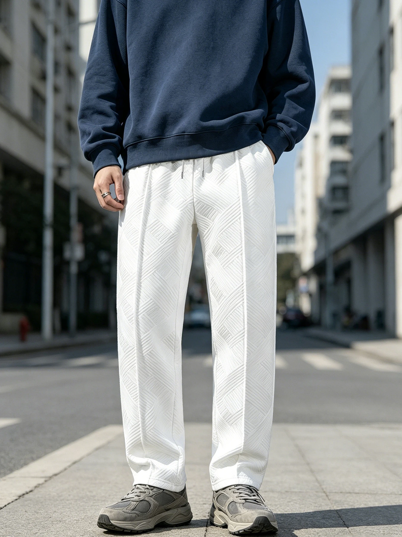 Men Solid Jacquard Straight Knit Trousers Elastic Drawstring Waist Open Leg Hem Anti-pilling Lightweight Bottoms Coffee Meetup