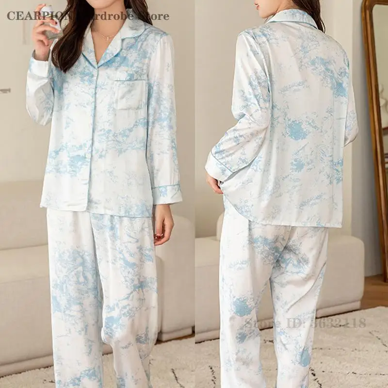 

Весна-лето, новая одежда для сна, модный пижамный костюм с принтом, рубашка с длинными рукавами, брюки, домашняя одежда, пижамный комплект, повседневная свободная ночная рубашка