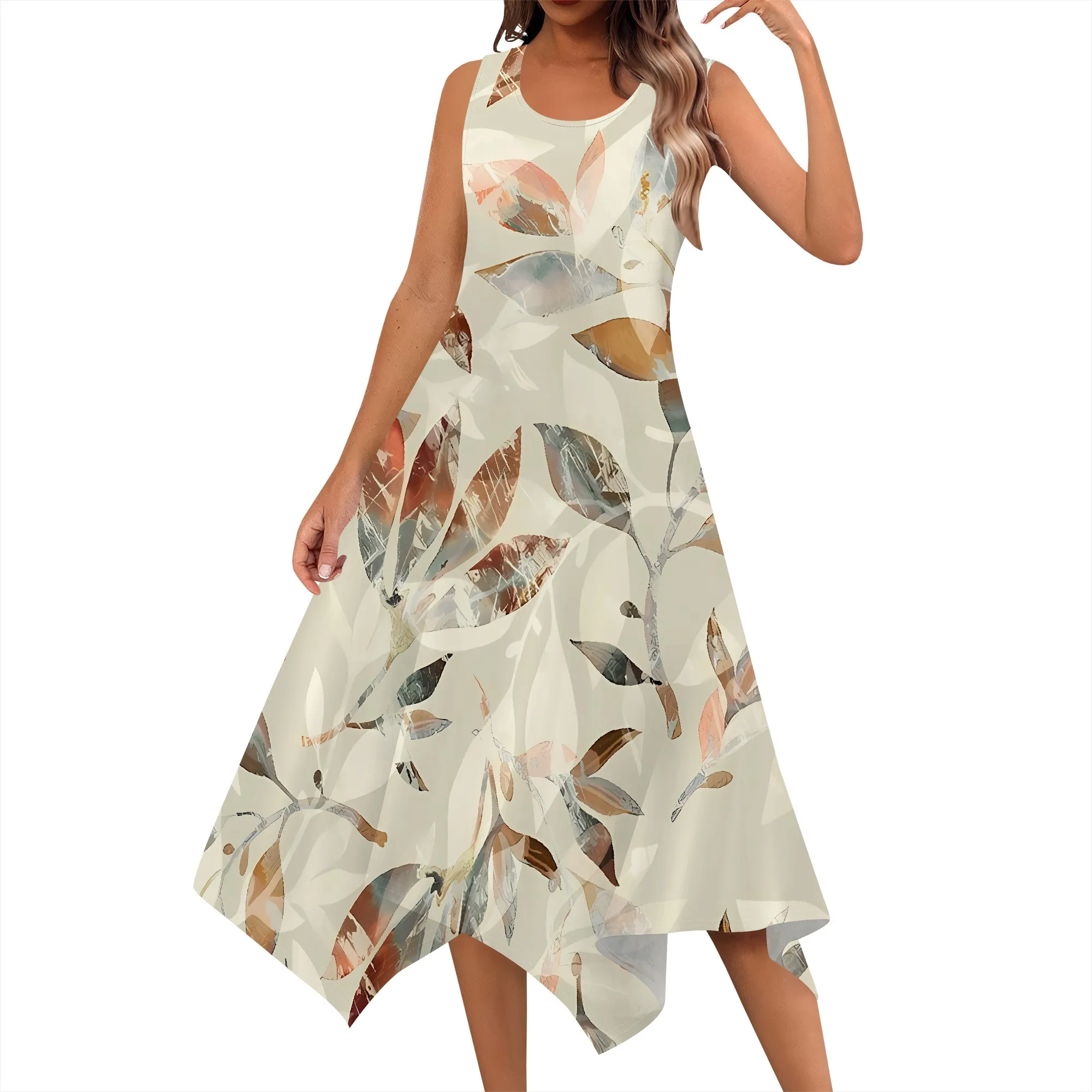 EQQZD Standard Size Stylish Crew Neck Halter Dress, Simple Leaf Print Midi Dress with Irregular Hem