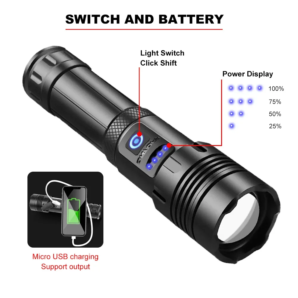 Lanterna LED com Banco de Potência, Fonte de Luz Dupla, Bateria Externa, Carregamento USB, 18650, Bateria 26650, Zoom, XHP70 + COB