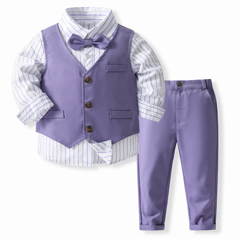 4PCS Sets Spring Toddler Boy Outfits Korean Fashion Gentleman Stripe Cotton Baby Tops+Vest+Pants+Tie Boutique Kid Clothing BC761