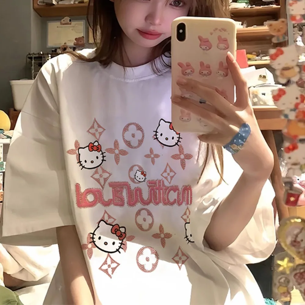 

Hello Kitty T-shirt Cute Cartoon Printing Loose Round Neck Tops Summer New Fashion Breathable Comfort Leisure Versatile T-shirt