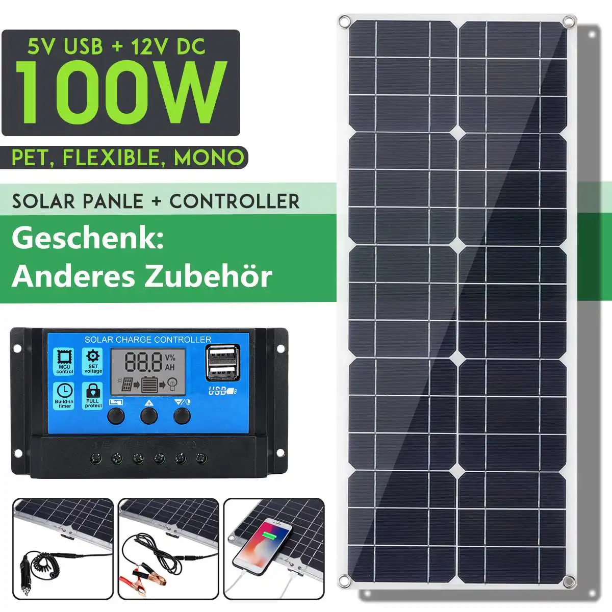 100W 18V Solar Panel Dual USB Waterproof Solar Cells Poly Solar Panel Cell with 100A Controller for Car Yacht RV Battery Charger