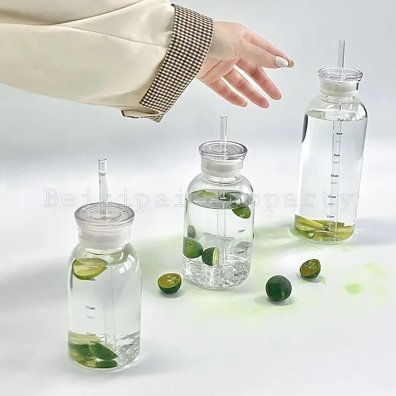 Ins Style Glass Water Bottle Time Scale Coffee Cup Double Cap Leak-proof Glasses with Lid and Straw Leather Cup Sleeve