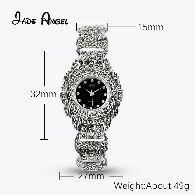 Jade Angel 32MM Thai Sterling Silver Quartz Watch Marcasite Bracelets for Women Luxury 2022 Trend New Jewelry Accessories