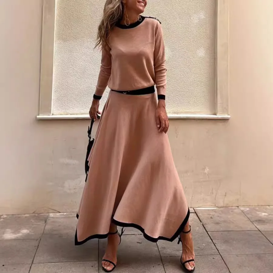Casual Shirt Maxi Skirts Two Pieces Sets, Women Spring Autumn Solid Patchwork Elegant Outfit, 2025 Office Lady Long Sleeve Suits