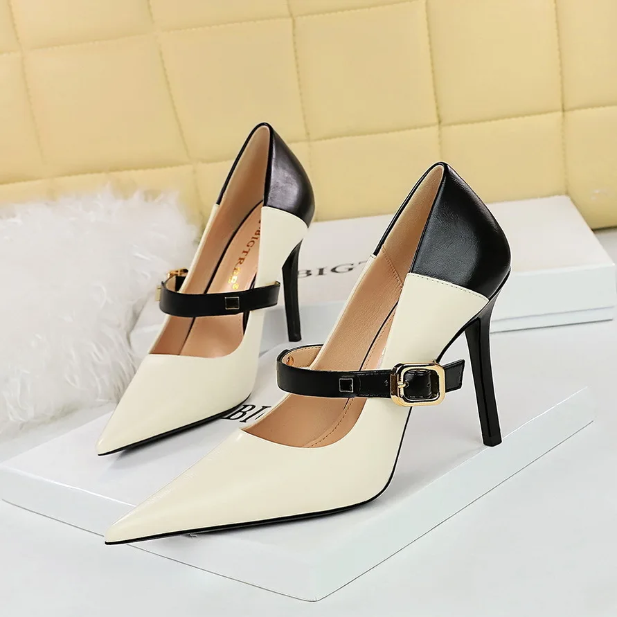 туфли женские Wind Slim Ultra High Heels Shallow Mouth Pointed Toe Color Block Straight Line Women's Single Shoes Women Pumps