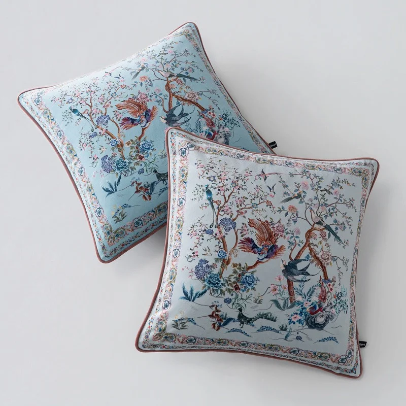 Vintage Oriental Chinoiserie Velvet Pillow Cover Phoenix Peony Bird Pattern Soft Plush Square Decorative Cushion Case Hidden Zip