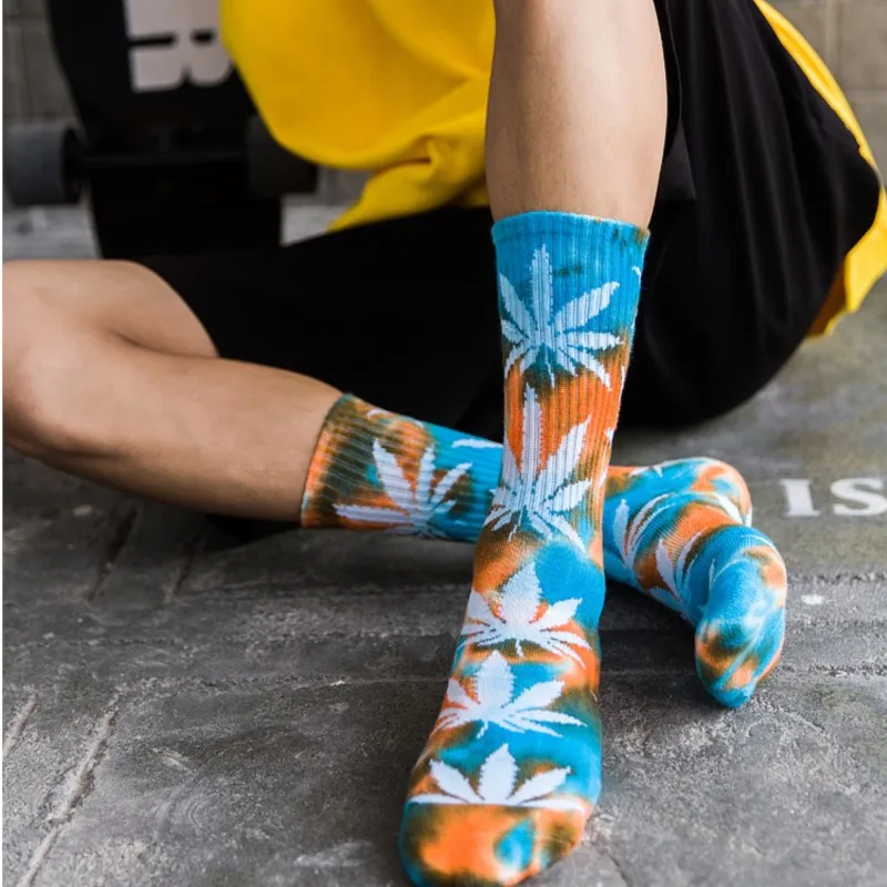 

Длинные носки с кленовым листом и принтом тай-дай, женские носки с травкой, хлопковые забавные носки Happy, мужские носки в стиле Харадзюку, скейтборд, хип-хоп, окрашенные в галстук носки
