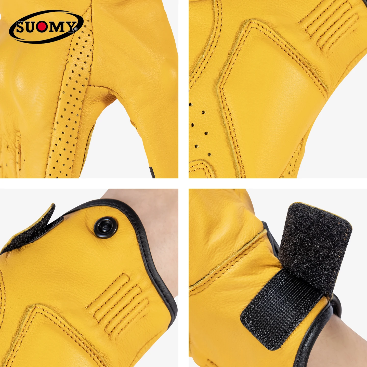 Retro Yellow Motorcycle Leather Gloves Perforated Summer Breathable Touch Screen Motobike Cycling Full Finger Leather Glove S-XL