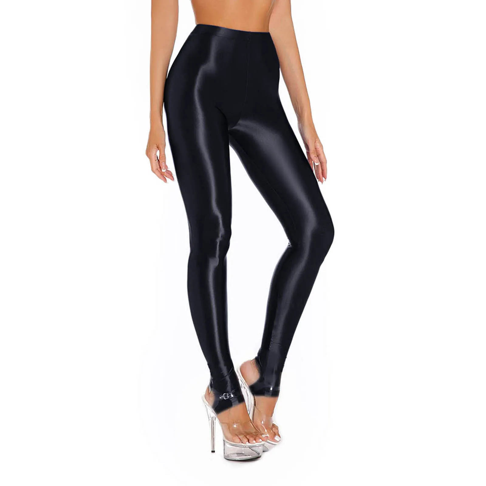 Womens Glossy Leggings High Waist Elastic Waist Tights Pants Gymnastics Yoga Workout Pants Tummy Control Sport Jogging Pants