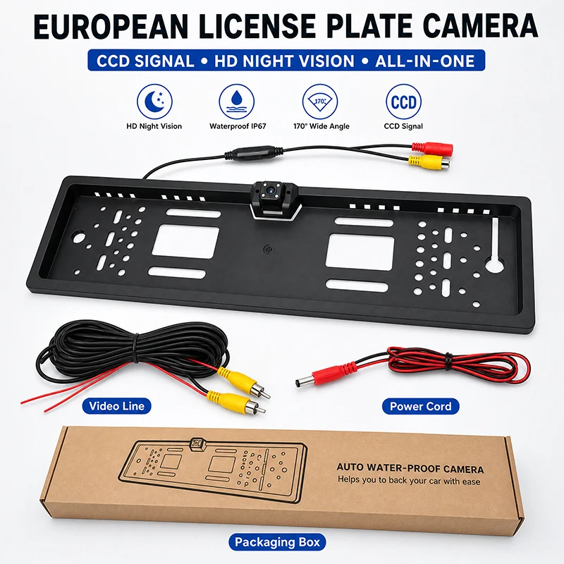 JISUIDA 4/8/12LED European License Plate Rearview Camera Frame Reverse Backup Camera Night Vision for Truck Car SUV, Camper