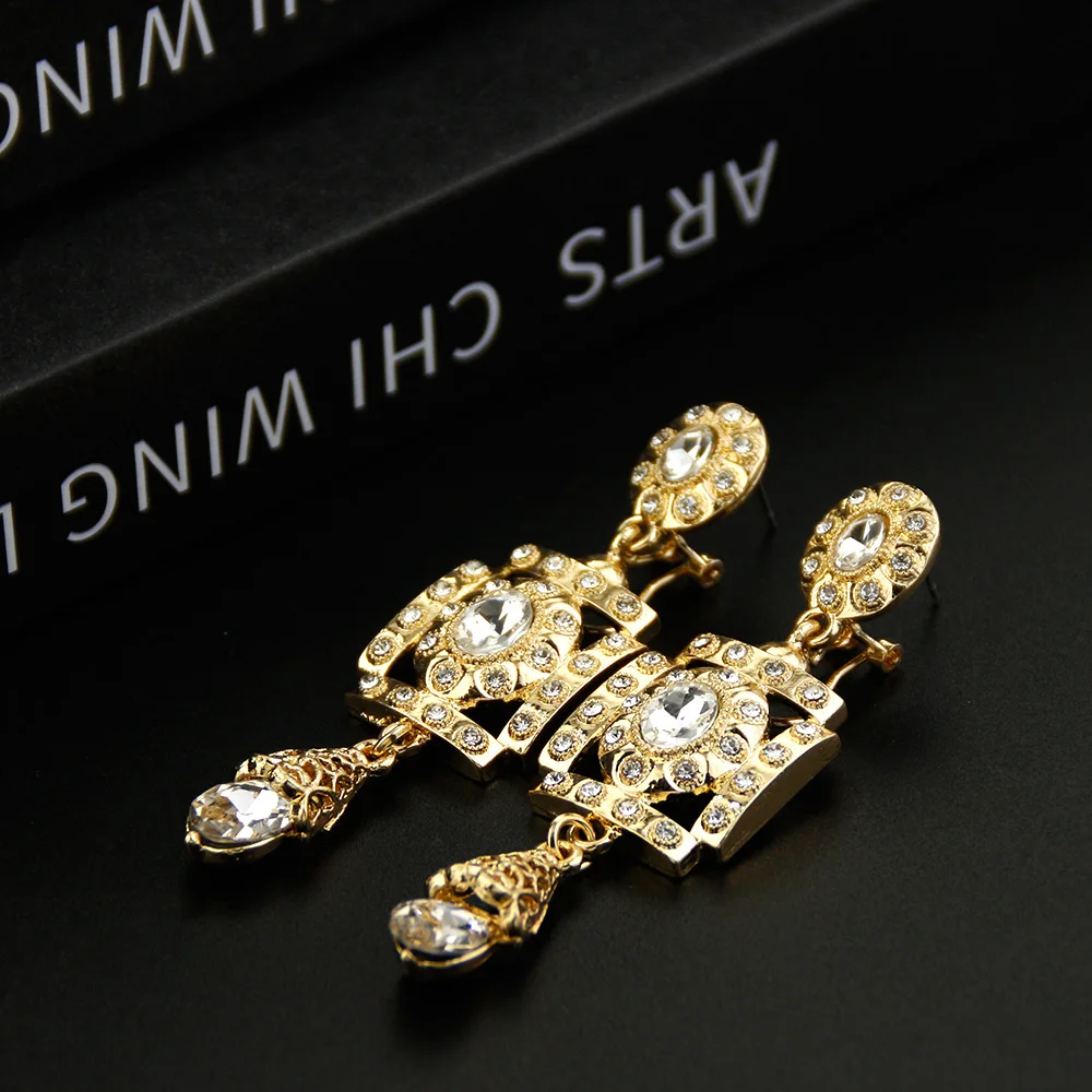 Chic Gold Color Morocco Drop Earring for Women Square Round Crystal Arabic Bride Earring Algeria Wedding Jewelry Gift