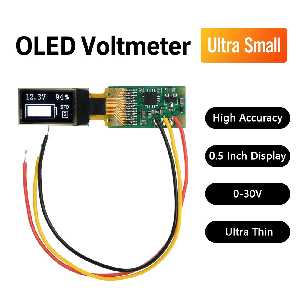 0.5 Inch OLED Voltage Meter DC 0-30V Ultra-Thin Digital Voltmeter Battery Tester 1-6S Adjustable Battery Level Tester MCU