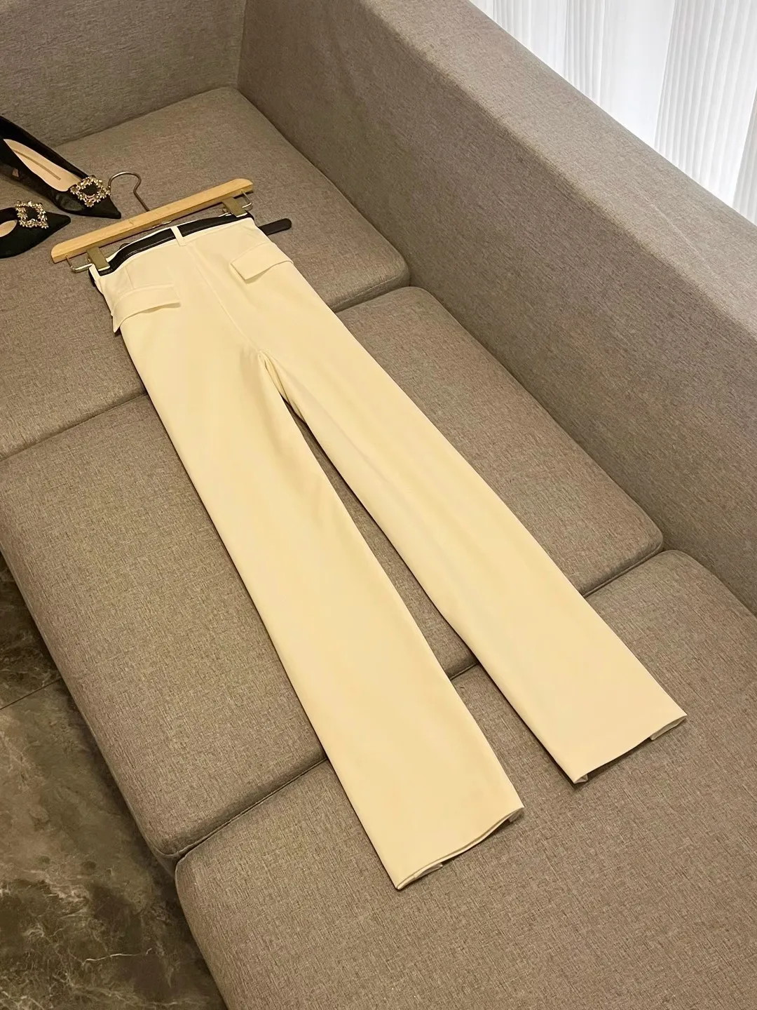 Pantalones largos sueltos de plátano elástico de cintura alta para mujer, pantalones informales adelgazantes con cuchillo, nueva tela de algodón Sle 2025