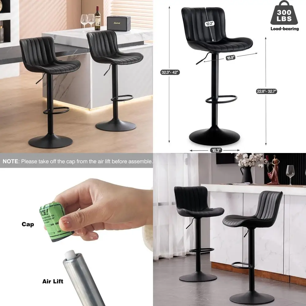 

24 Inch Black Metal Adjustable Swivel Bar Stools Set of 2 for Kitchen Island Counter Height