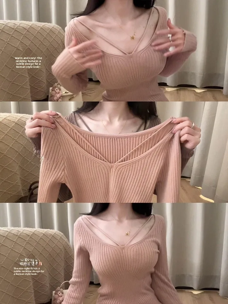 

Сексуальный вязаный лонгслив с U-образным вырезом, женская облегающая базовая кофта с большим воротником, топ в стиле Spicy Girl, Pure Desire, осень-зима