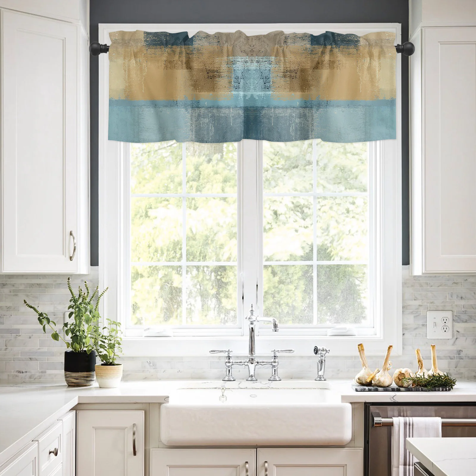 ZEDLIYU Valances for Windows Kitchen Living Room Small Window Valance Brown and Blue Abstract Painting 1 Panel, 54 x 18 Inch