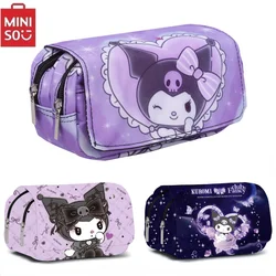 MINISO Kuromi Schoolbag Students Kawaii Double-layer Pencil Bag Large-capacity Casual Backpack Cartoon Printing Pen Bag