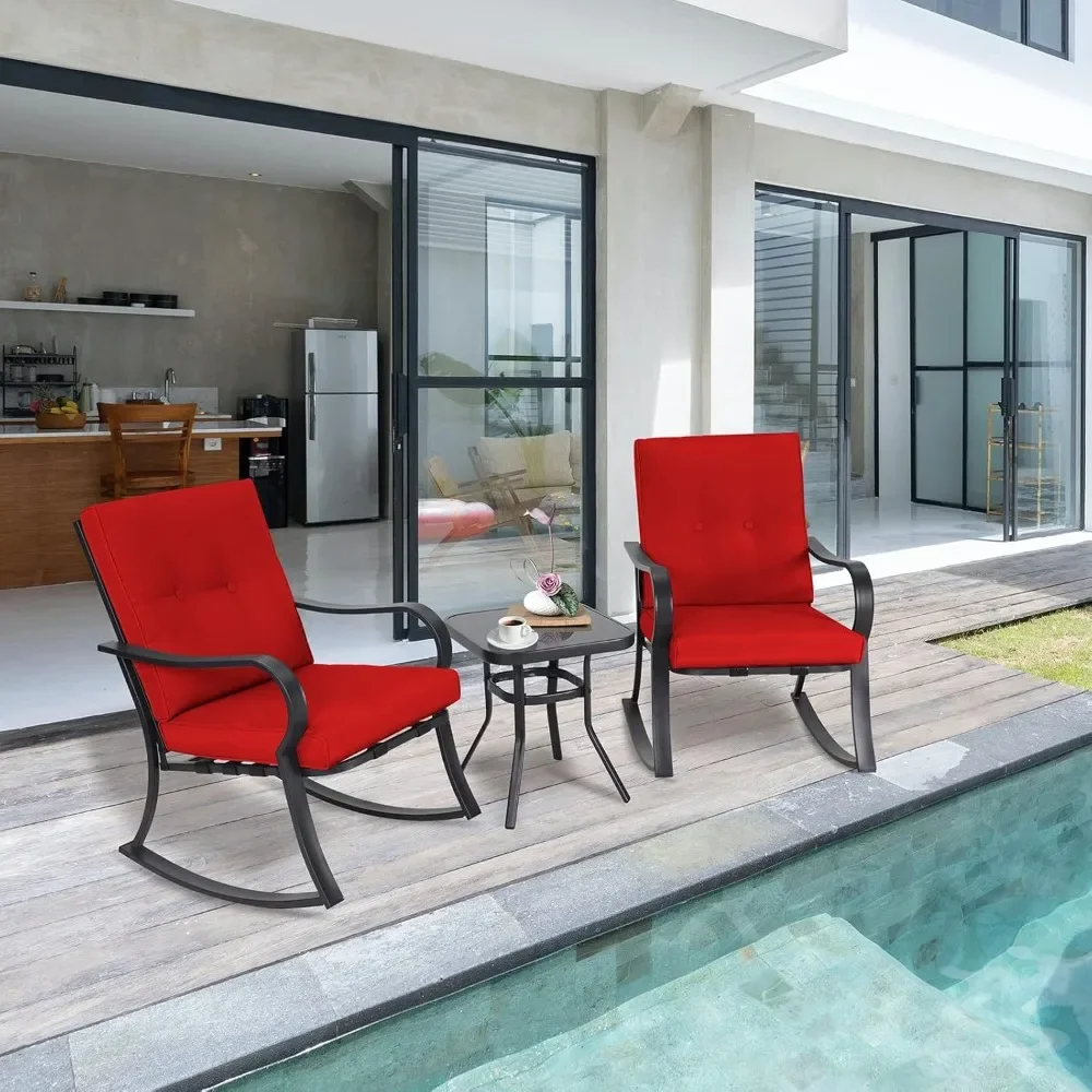 طقم كراسي هزازة خارجية مكون من 3 قطع، طقم كراسي محادثة فناء الشرفة مكون من قطعتين مع طاولة قهوة زجاجية