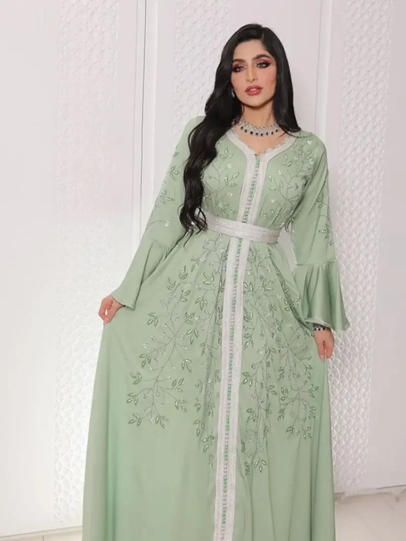 

Middle Eastern Kaftan India Muslim Abaya Dresses Women Wedding Elegant Lace-up Turkey Diamond Belted Jilbab Morocco Caftan