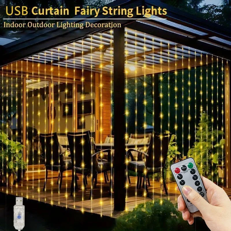 ม่านแสงไฟไฟ LED 6/4/3M พร้อมรีโมท USB 8โหมดสำหรับตกแต่งบ้านหน้าต่างผนังคริสต์มาสงานแต่งงานงานเลี้ยงนางฟ้า