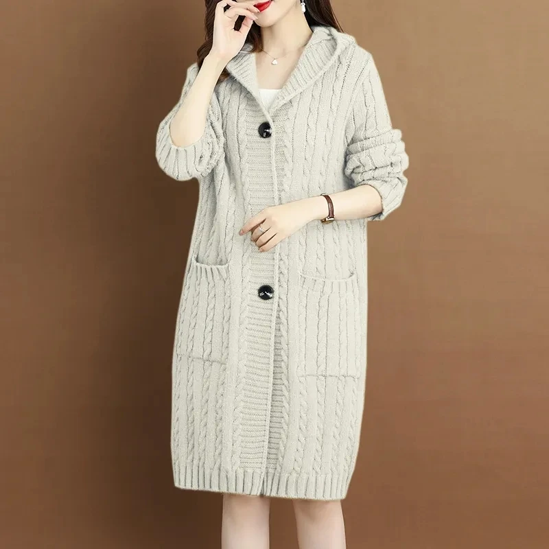 Autumn Winter Mom\'s New Woolen Coat Women\'s Long sleeved Cardigan Hooded Thickened Over Hip Loose Medium Length Sweater Beige