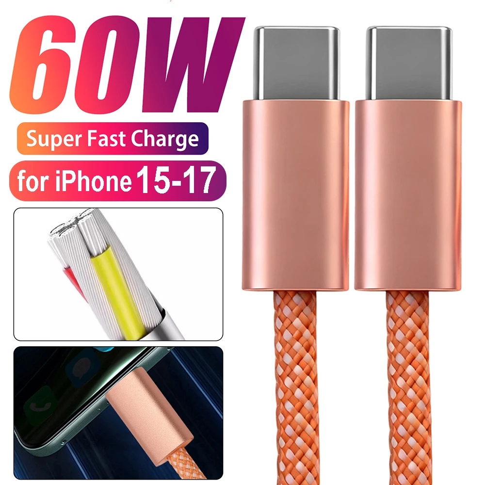 

Оранжевая линия передачи данных мощностью 60 Вт для IPhone 17 Pro Max Air Кабель типа C для быстрой зарядки типа C для IPhone 15 16 17 Кабель Samsung USB-C Провод