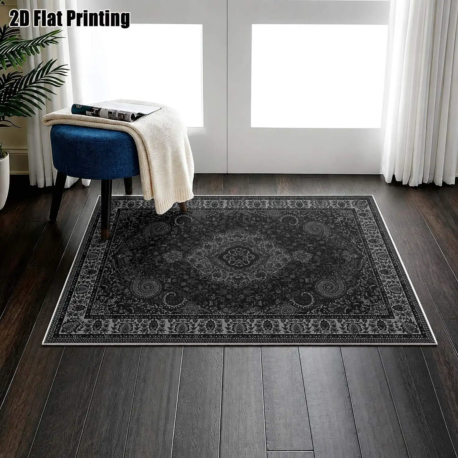 1Pc 2D Printed Velvet Carpet with Black-Gray Retro Patterns, Machine Washable, Multi-Size Home Decor Rug for Entryway, Dining Room, Bedroom, Living Room