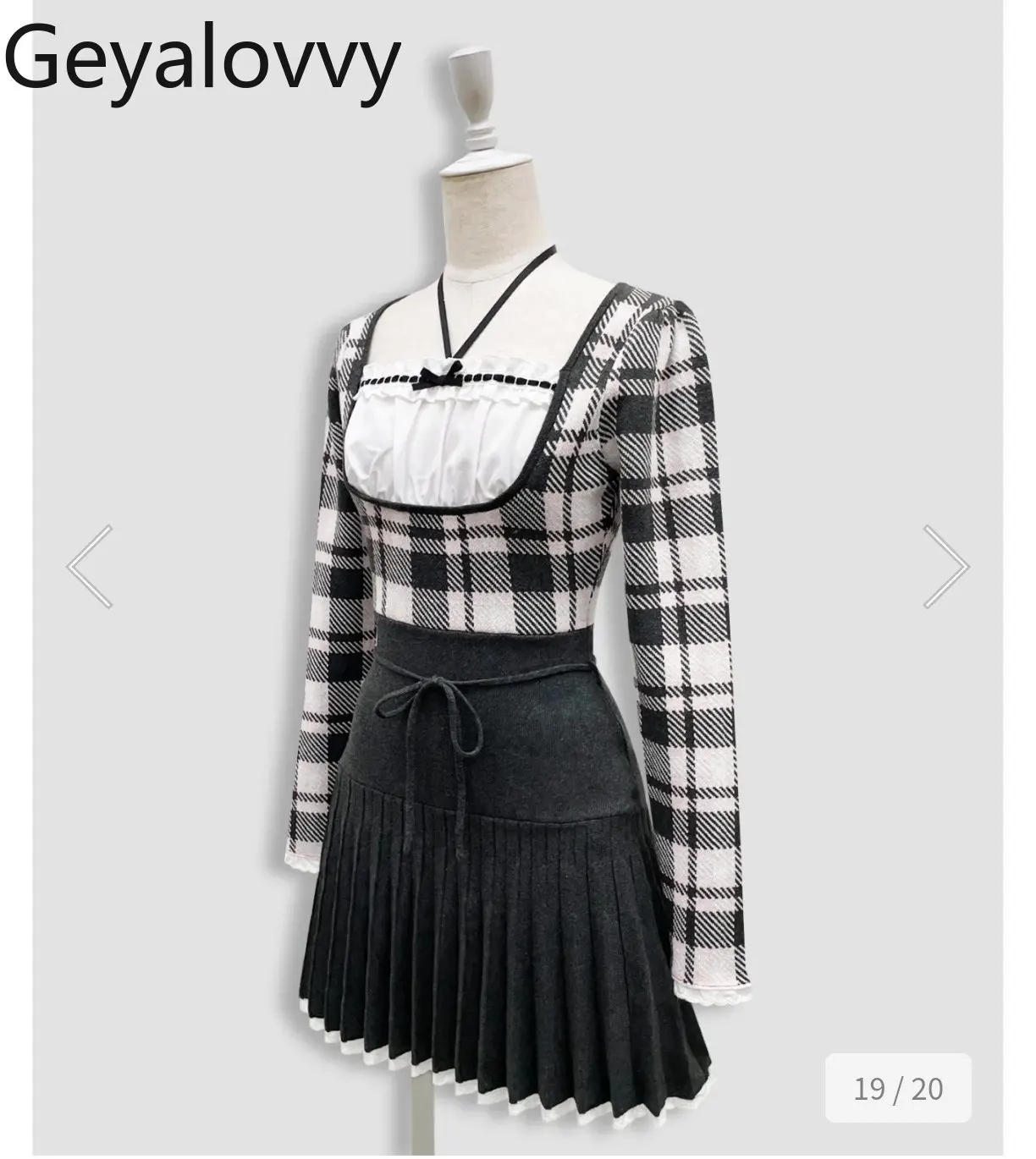 和風ホルターネックフレンチスリムスイートチェック柄プリーツニットワンピース2026新作ハイウエストスリム長袖パッチワークワンピース