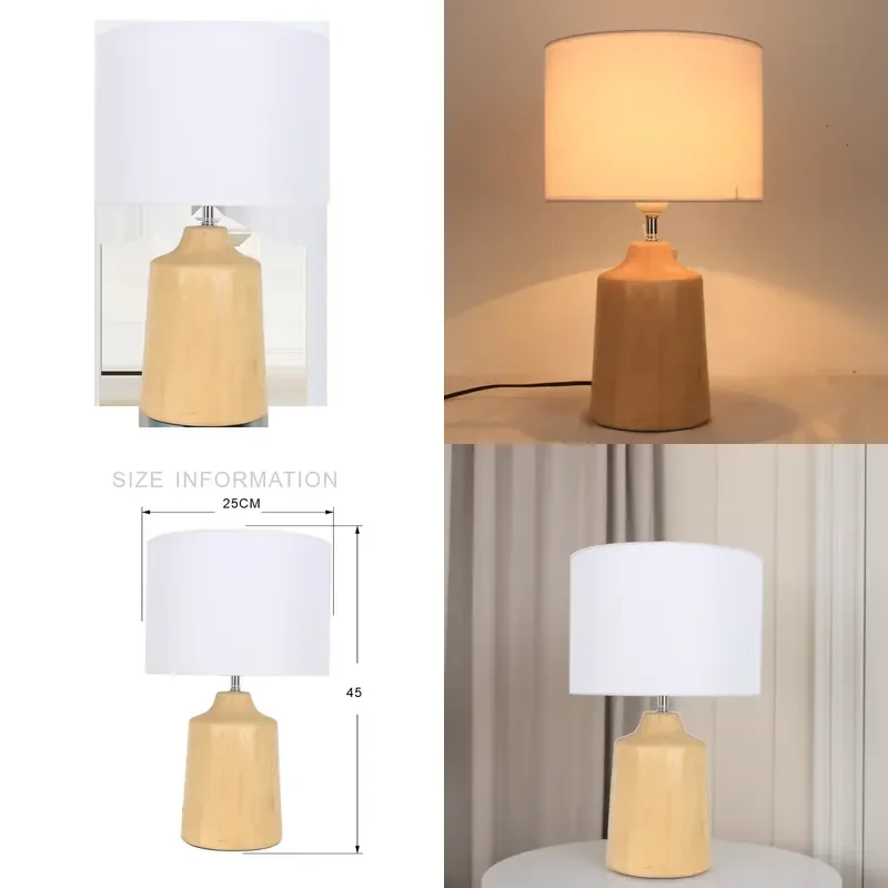 Solid Wood Table Lamp with Linen Shade Modern Nordic Bedside Light for Living Room Bedroom Home Decor Lighting Wholesale