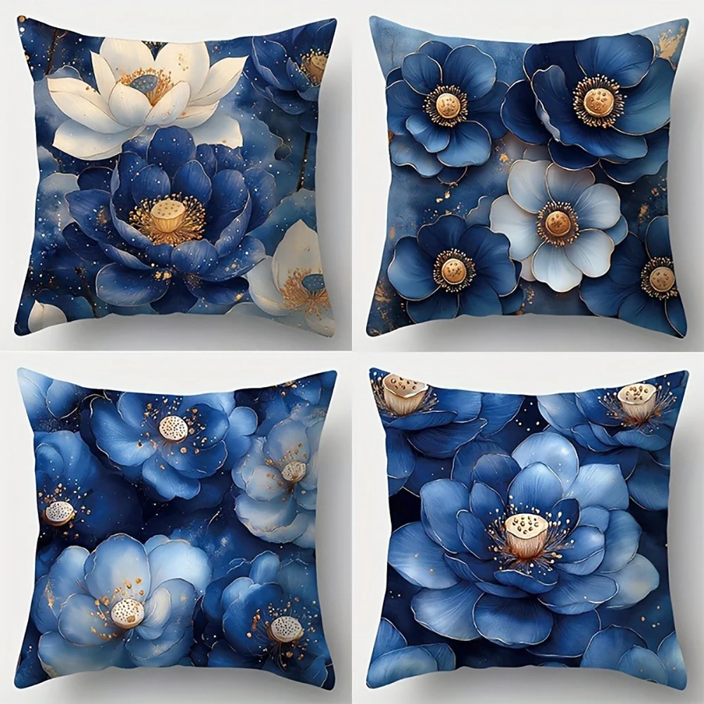 Elegant floral pillowcase with blue and white lotus designBedroom Sofa Decorative Cushion Cover With Zipper Soft Cushion Cover