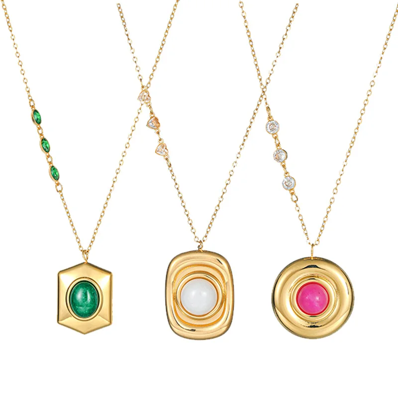 Nextvance Ethnic Retro Necklace Green White Pink Stone Pendant Stainless Steel Geometric Choker For Women Girl Jewelry Gifts