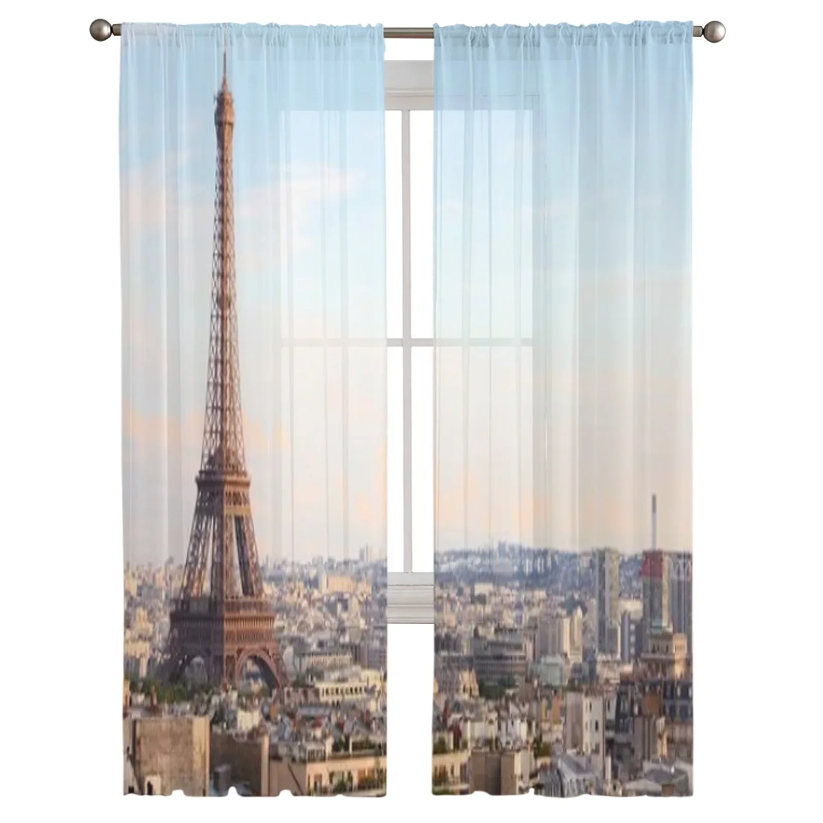 Paris France Cityscape With Eiffel Tower Sunset Chiffon Sheer Curtains for Living Room Bedroom Window Voiles Tulle Curtain