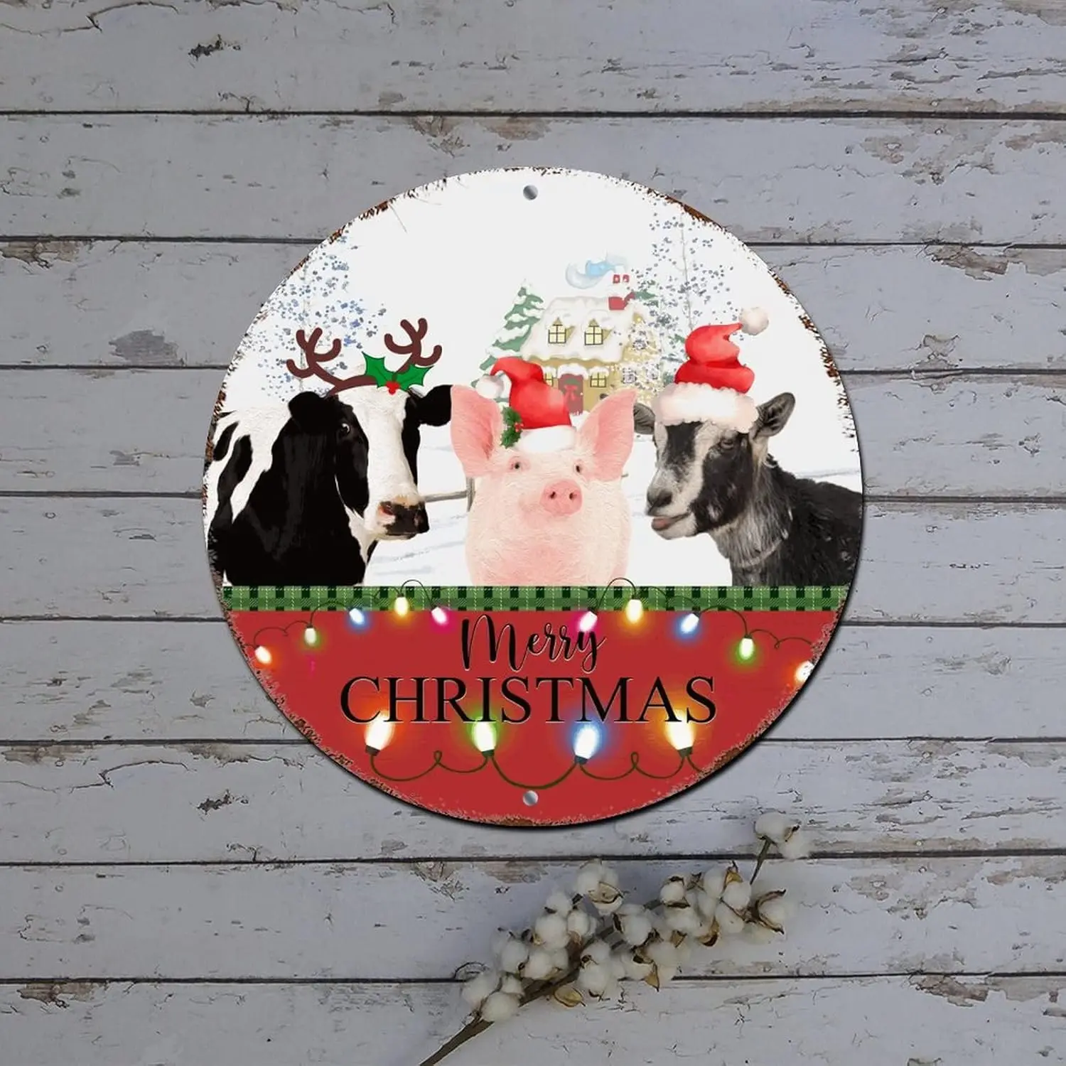 Christmas Red Truck Sign Farm Animal with Santa Hat Buffalo Plaid Round Metal Tin Sign Christmas Wall Decorations Indoor Distres